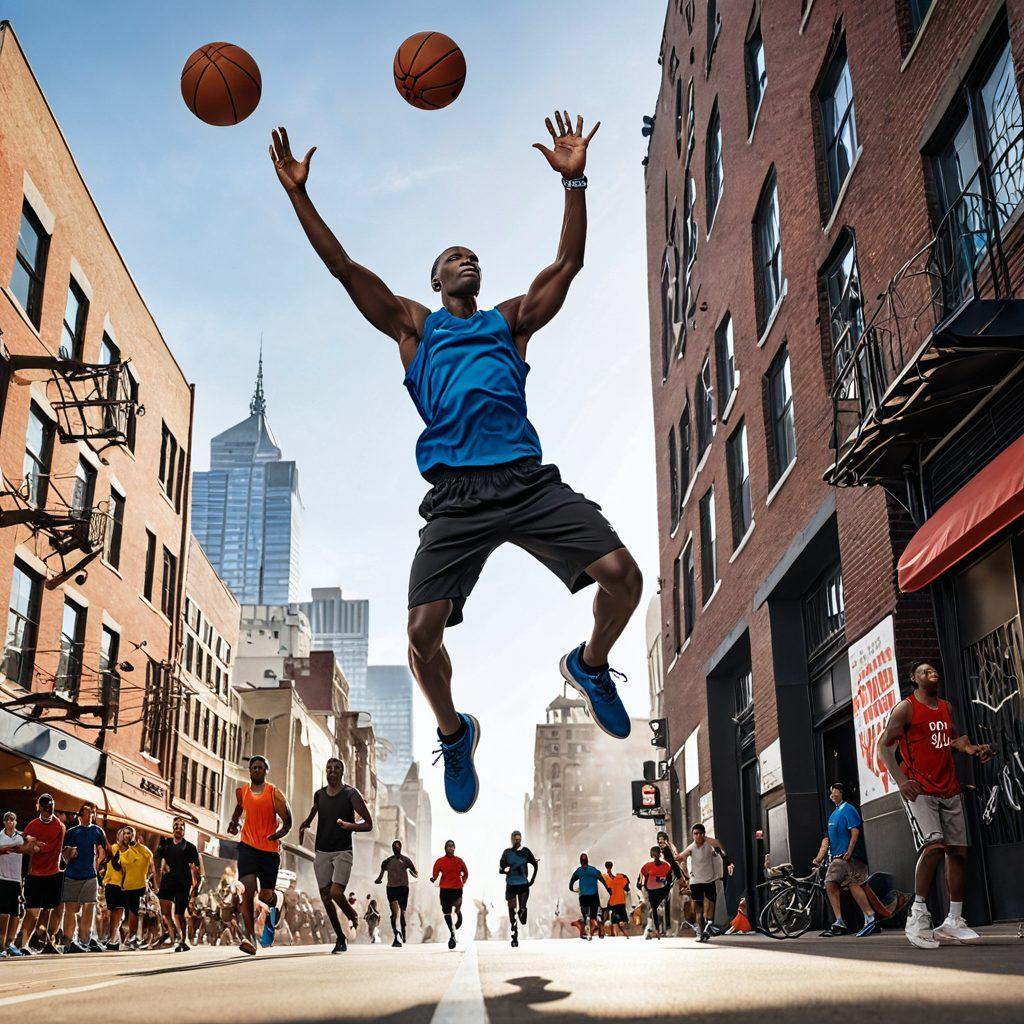 A dynamic athlete performing an impressive jump in a vibrant urban environment, showcasing various sports gear scattered around, while a silhouette of a cheering crowd is in the background. The scene captures the essence of fitness and sports culture, infused with an energetic color palette. super-realistic. vibrant colors. energetic atmosphere.