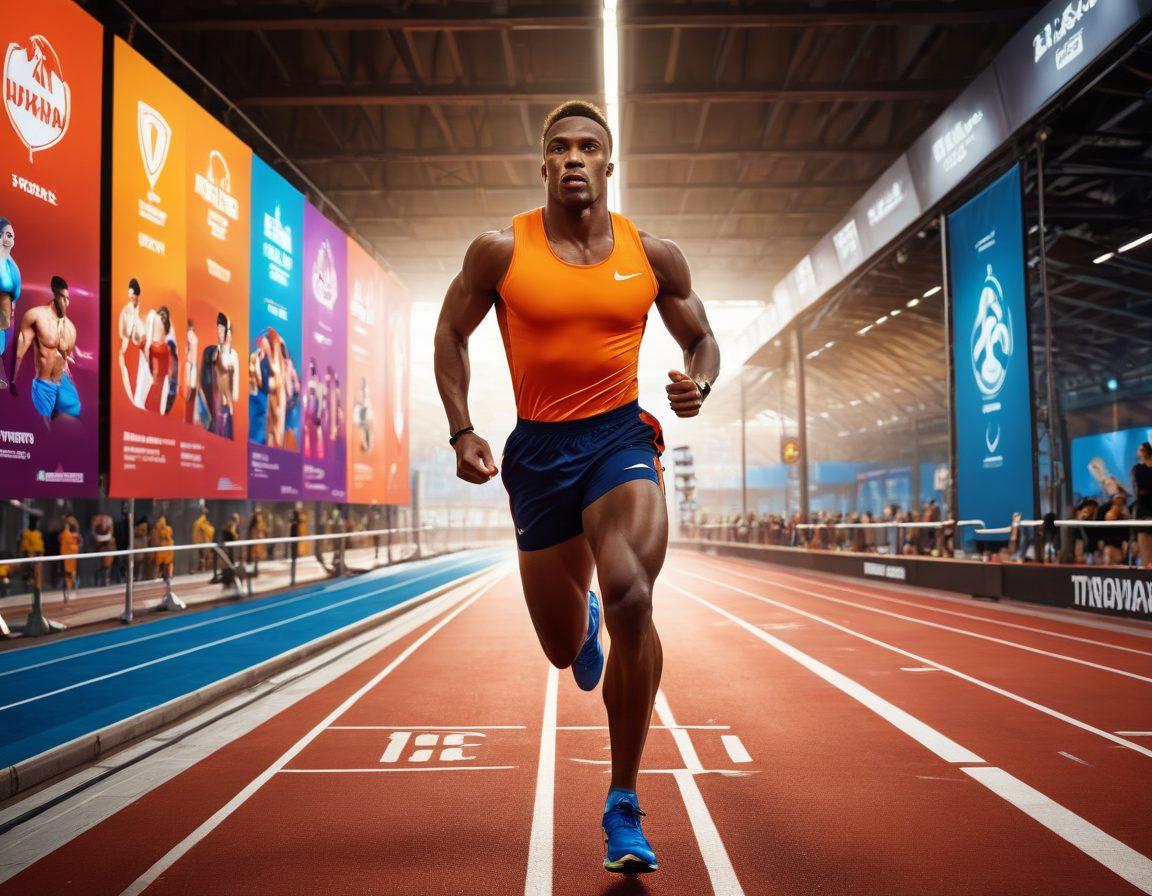 A dynamic athlete sprinting on a track, surrounded by vibrant banners showcasing various sports icons and fitness tools; a digital dashboard displays live stats in the background, emphasizing energy and movement. The scene is infused with a sense of motivation and determination. super-realistic. vibrant colors. high contrast.