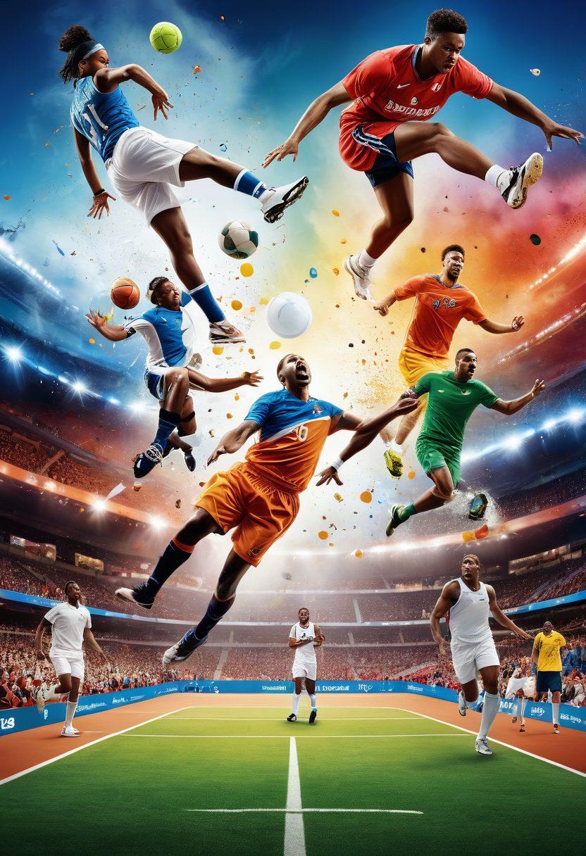 A dynamic collage showcasing various sports like soccer, basketball, and tennis, interspersed with commentary bubbles highlighting trending topics and team news. The background features vivid stadiums and enthusiastic fans, creating an energetic atmosphere. Incorporate diverse athletes in action, with trophies and headlines floating around. super-realistic. vibrant colors. 3D.